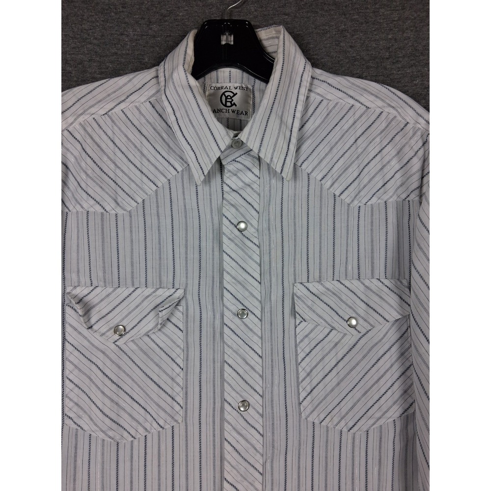 Corral West Ranchwear Mens Shirt M White Blue Metallic Stripe Pearl Snap Dress